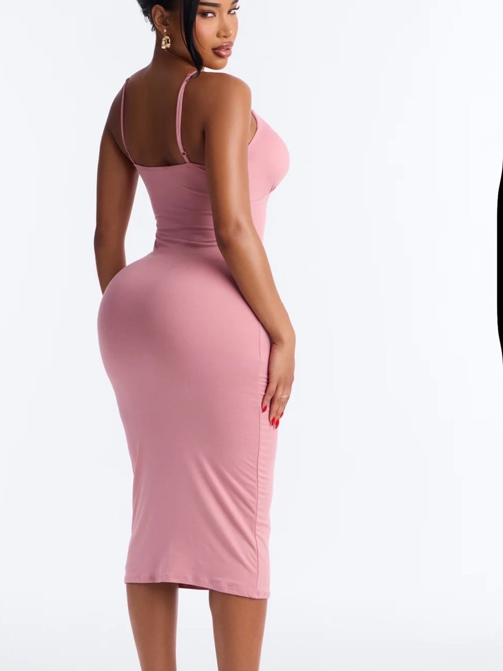 Elegant Pink Bodycon Midi Dress with Spaghetti Straps - Picture 2 of 2
